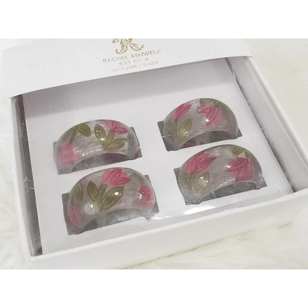 NEW 4 Rachel Ashwell Napkin RINGS CLEAR PINK‎ FLOWERS spring easter maximalist